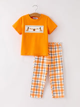 Fall Halloween Orange Embroidery Smocking Boys Set