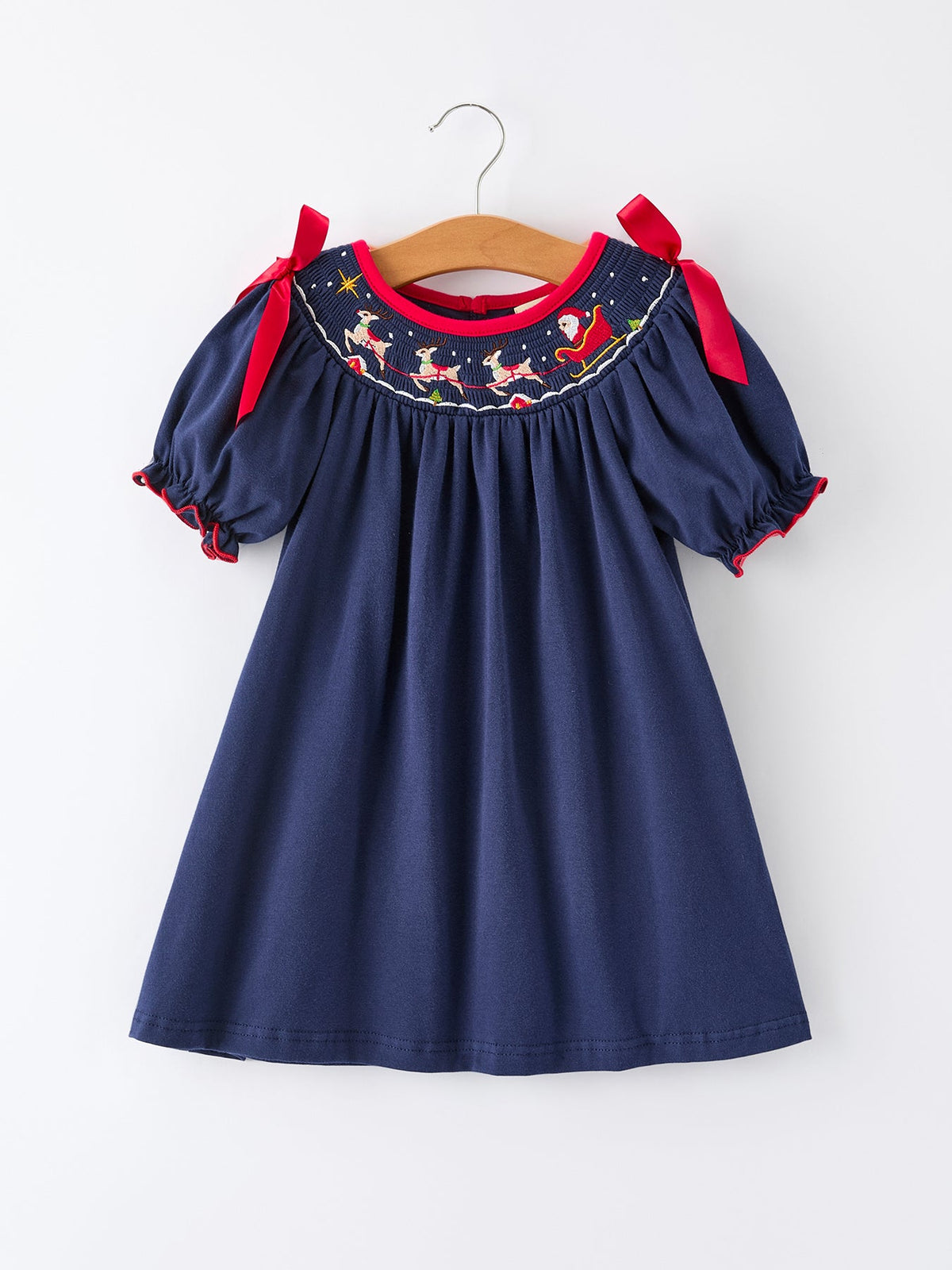Christmas  Holiday Celebration Dress: Navy with Santa Sleigh