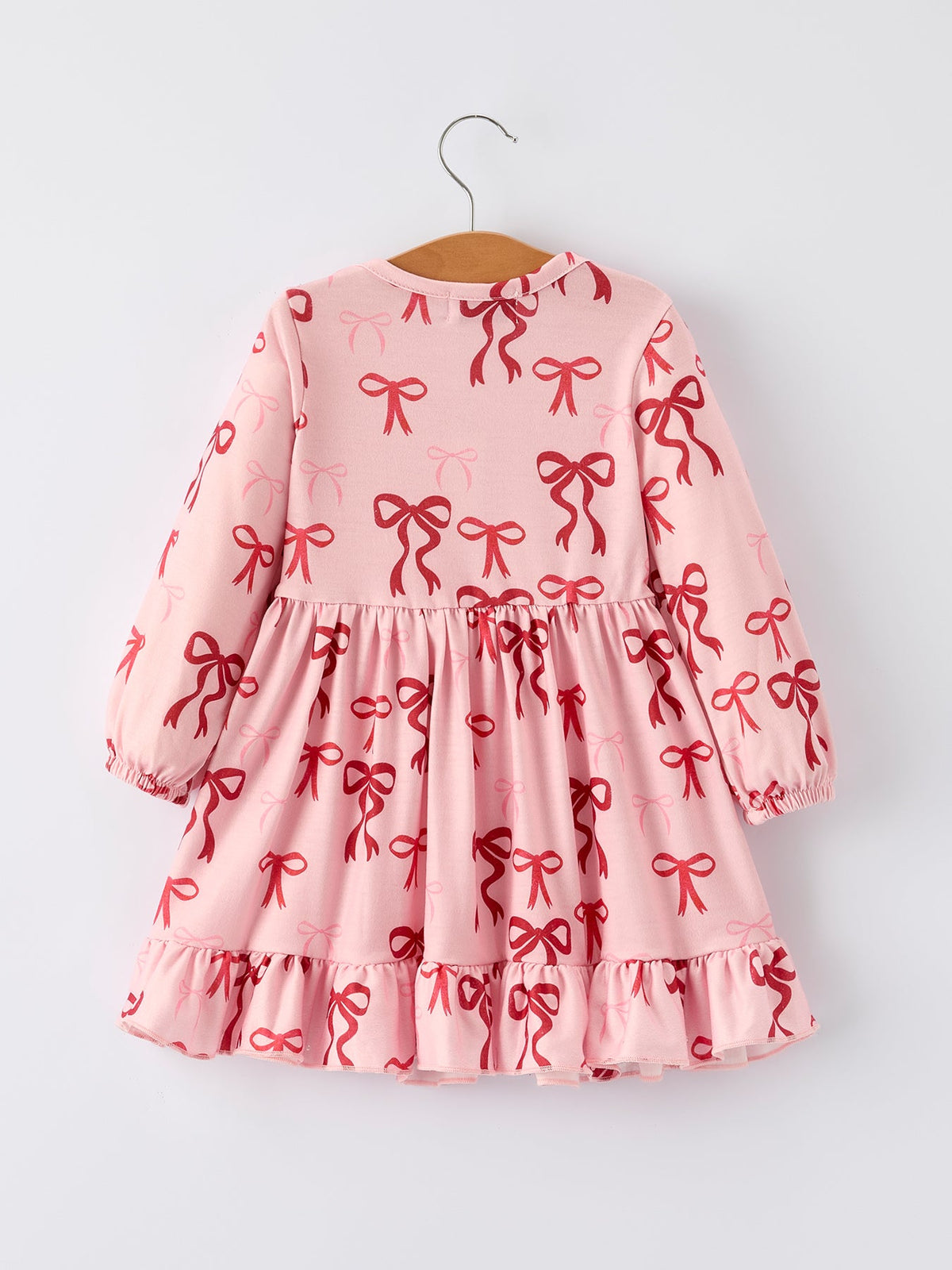 Pink Bow Print Girls Dress with Ruffle Hem