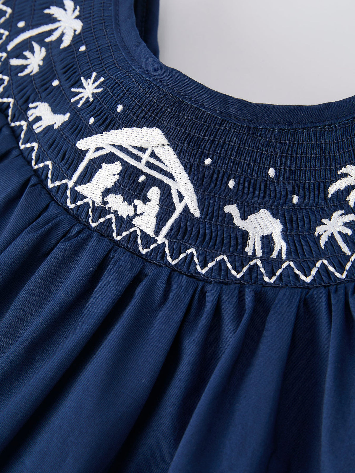 Christmas Navy Blue Nativity Smocking Embroidered Dress