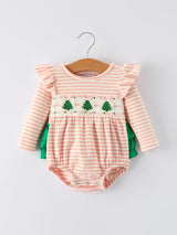 Christmas Tree Smocked Embroidery Stripe Baby Girls Romper