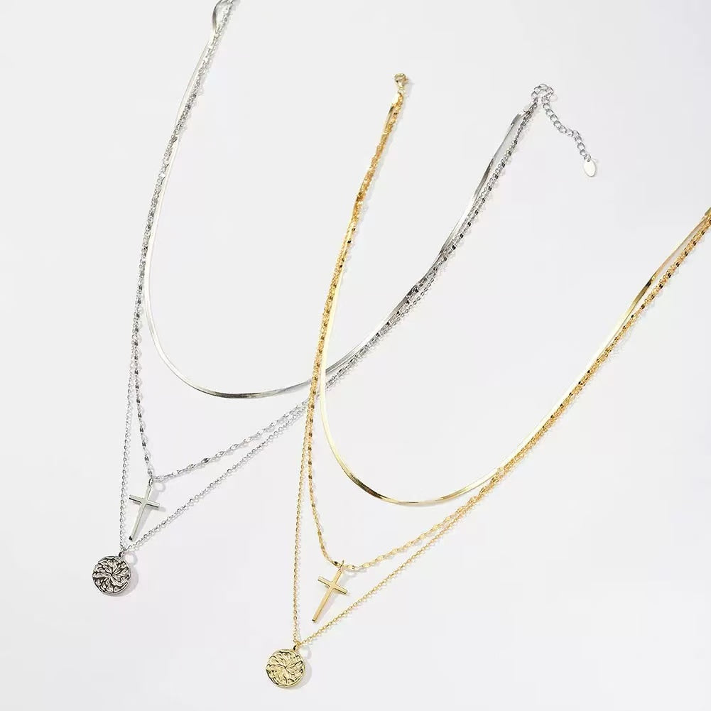 Cross Disc Layered Necklace