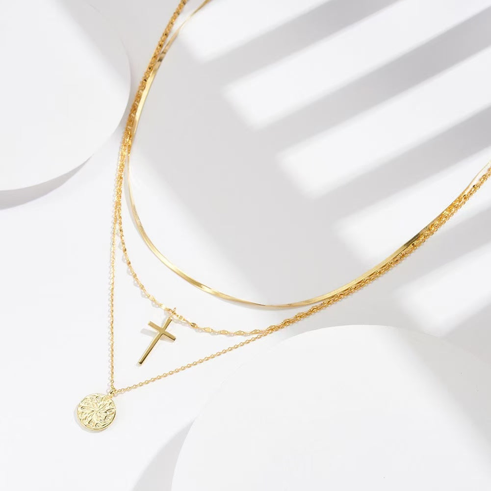 Cross Disc Layered Necklace