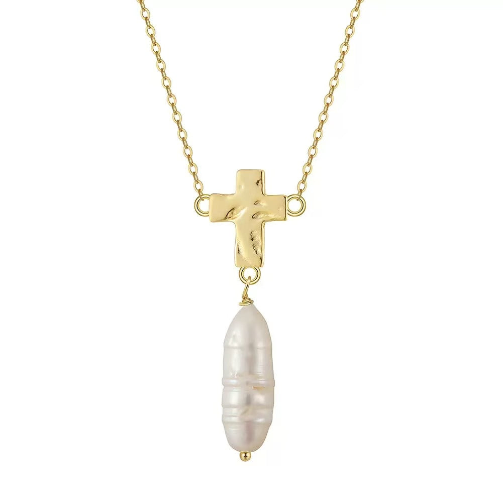 Cross Pearl Drop Necklace