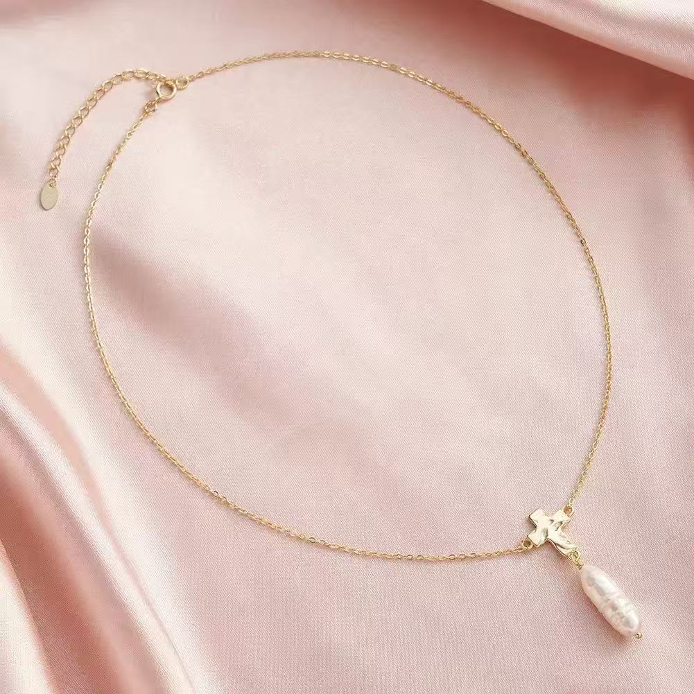 Cross Pearl Drop Necklace