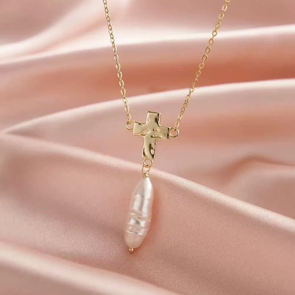 Cross Pearl Drop Necklace