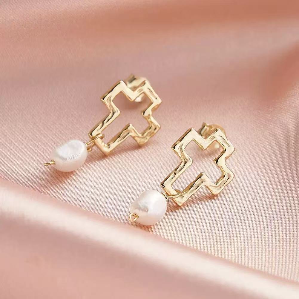 Sculpted Cross Pearl Earrings
