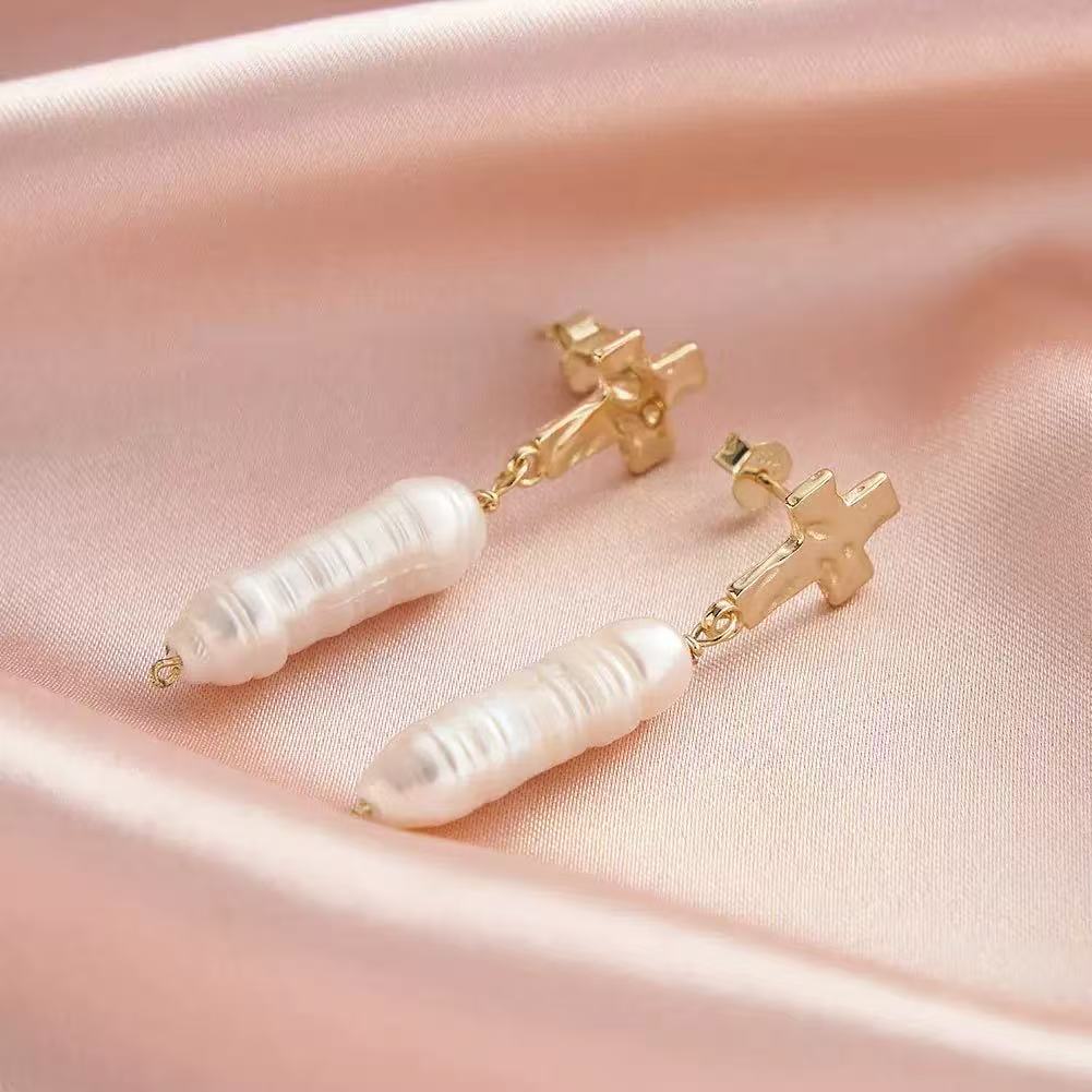 Cross Top Baroque Pearl Earrings
