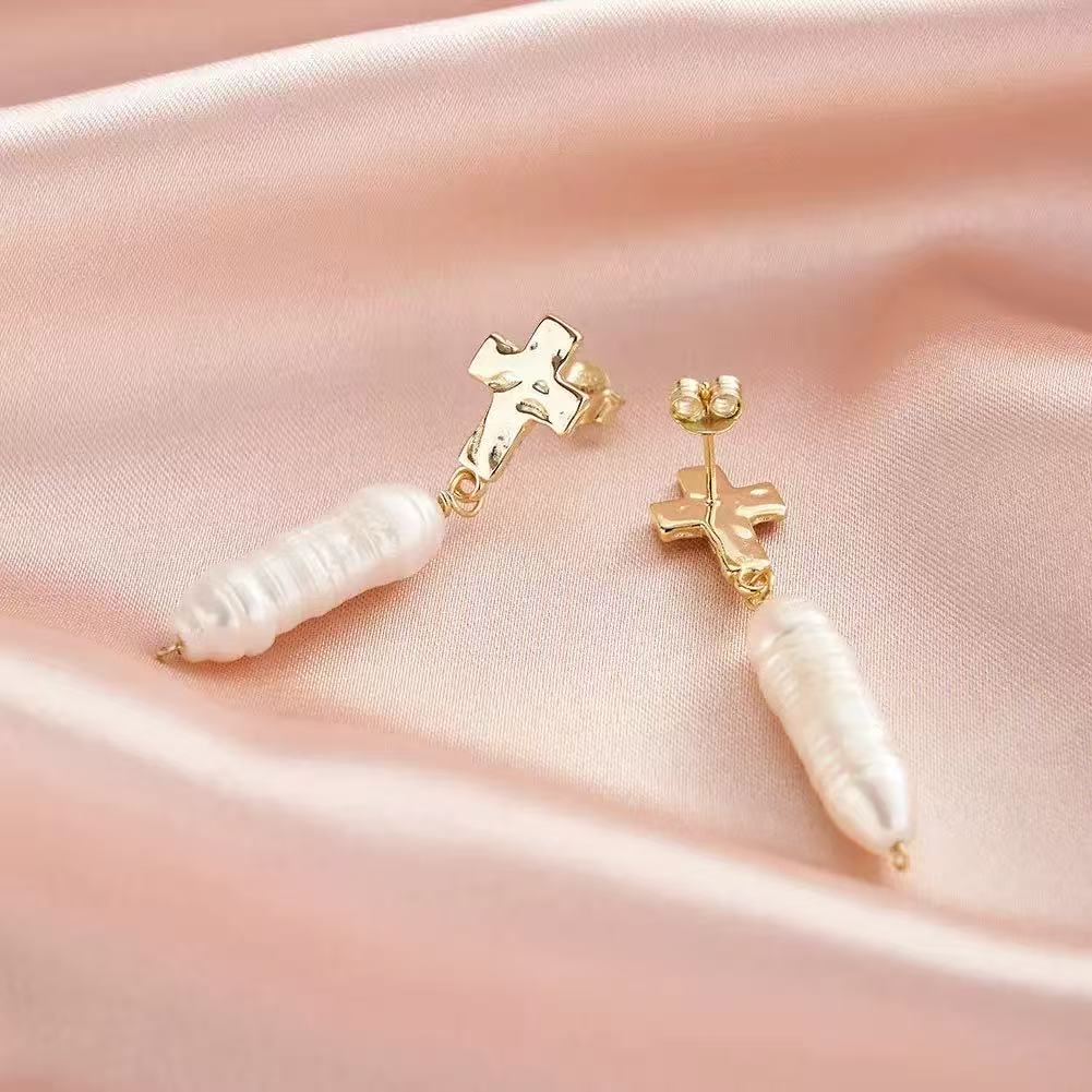 Cross Top Baroque Pearl Earrings