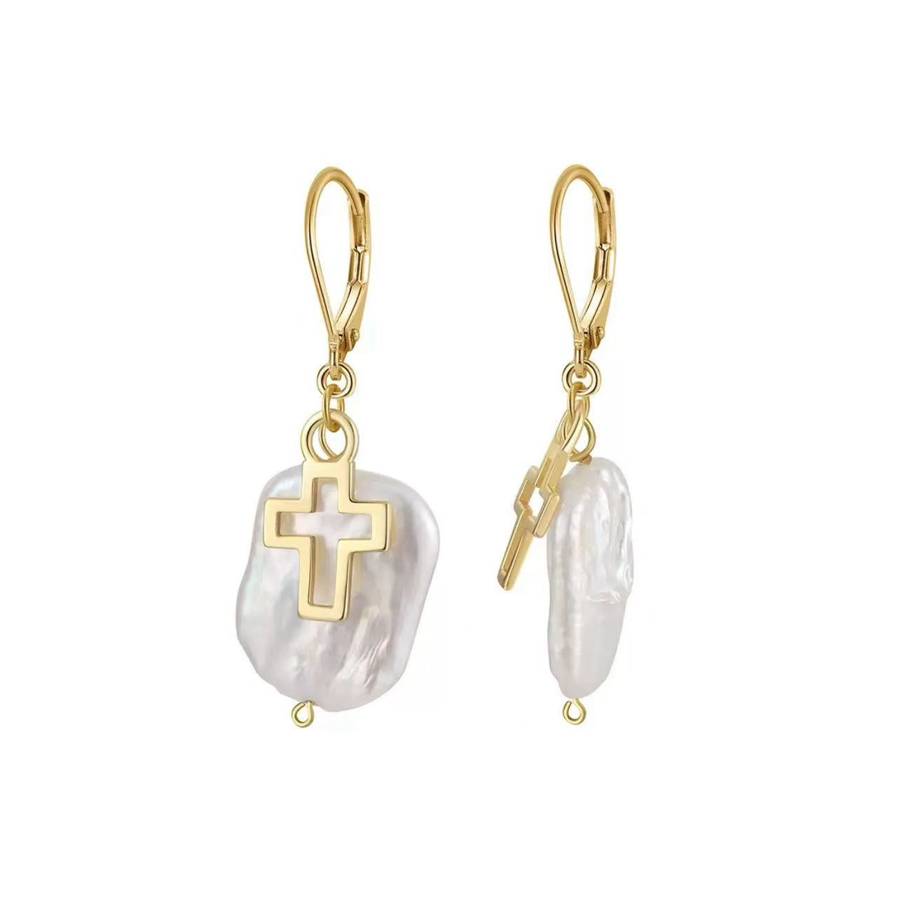 Baroque Pearl Cross Drop Earrings