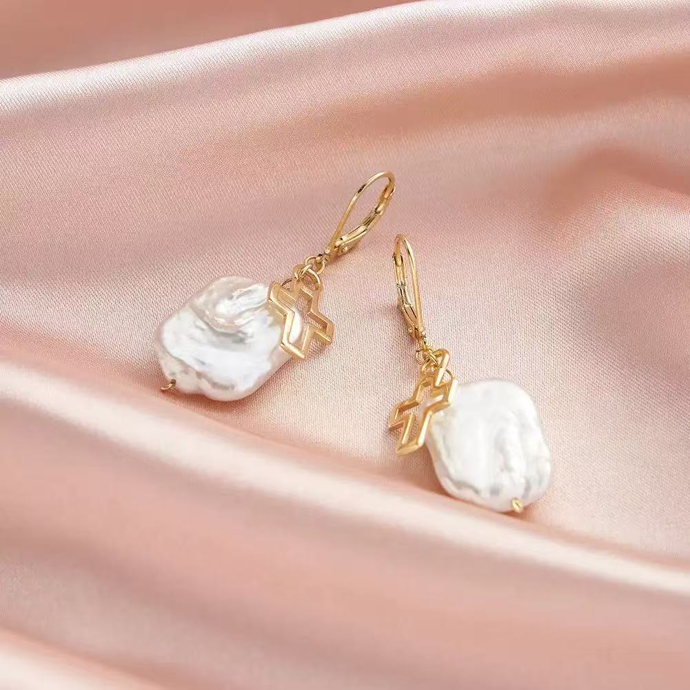 Baroque Pearl Cross Drop Earrings