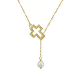 Open Cross Pearl Drop Necklace