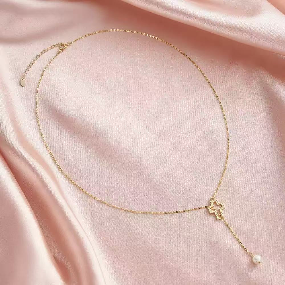 Open Cross Pearl Drop Necklace