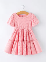 Pink Eyelet Embroidered Girl Short Sleeve Dress