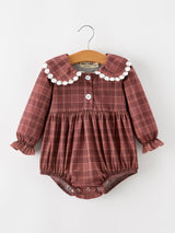 Baby Girls Brown Plaid Floral Lace Collar Romper