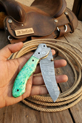 Jadeline Damascus Folder 7" Handmade Turquoise-Green Resin Handle by JW SteelCrafts