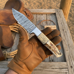 Frontier Stag Damascus Hunting Knife 9" Cross-Hatch Stag Horn by JW SteelCrafts