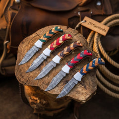 Wovencord Pocket Knife Set 8.5" Handmade Set of 5 Damascus Steel Blades by JW SteelCrafts