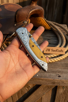 Boneridge Damascus Folder 7" Premium Bone Handle with Damascus Bolster by JW SteelCrafts, product image 6