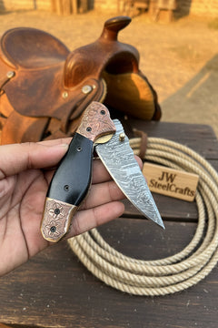 Duskhorn Damascus Folder 7.5" Handmade Micarta Handle Horn Bolster by JW SteelCrafts, product image 3