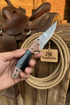 Duskhorn Damascus Folder 7.5" Handmade Micarta Handle Horn Bolster by JW SteelCrafts, product image 8
