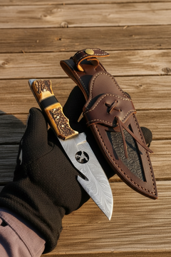 Antlerhook Field Knife 9" Handmade Damascus Natural Stag Horn by JW SteelCrafts, product image 2