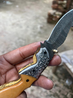 Honeywood Hawkbill Folder Knife 8" Handmade Wood Handle Damascus Blade by JW SteelCrafts, product image 9