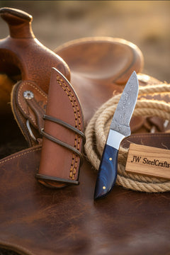 Cobalt Trail Caper Knife 10" Handmade Damascus Blue Resin Handle by JW SteelCrafts, product image 2