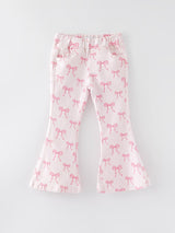 Fall Girls Pink Bow Print Elastic Flared Jeans Denim pant