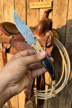 Hidewood Skinner Folder Knife 8" Handmade Damascus Micarta Handle by JW SteelCrafts, product image 4