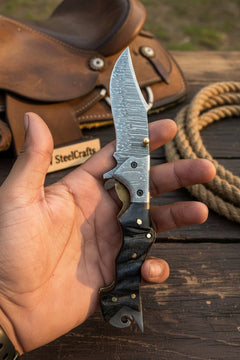 Grithorn Damascus Folder 7" Handmade Horn Handle Lock Back Mechanism by JW SteelCrafts, product image 4