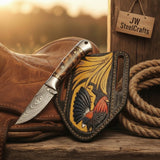 Amber Burl Buckaroo Knife 7" Handmade Damascus Steel with wood handle by JW SteelCrafts