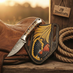 Amber Burl Buckaroo Knife 7" Handmade Damascus Steel with wood handle by JW SteelCrafts
