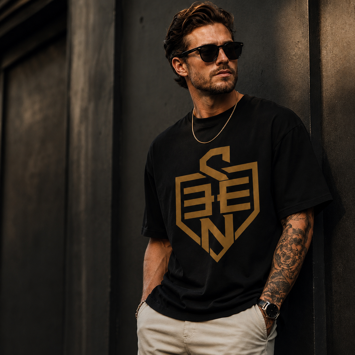 SEEN Shield Logo Tee — Gold Emblem Graphic T-Shirt