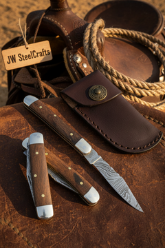 Rosewood Folding Knife 7.5" Handmade Damascus Steel Traditional Pocket Knife by JW SteelCrafts, product image 2
