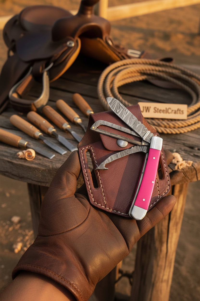 Rosewood Pink Damascus Trapper Folder Knife 7