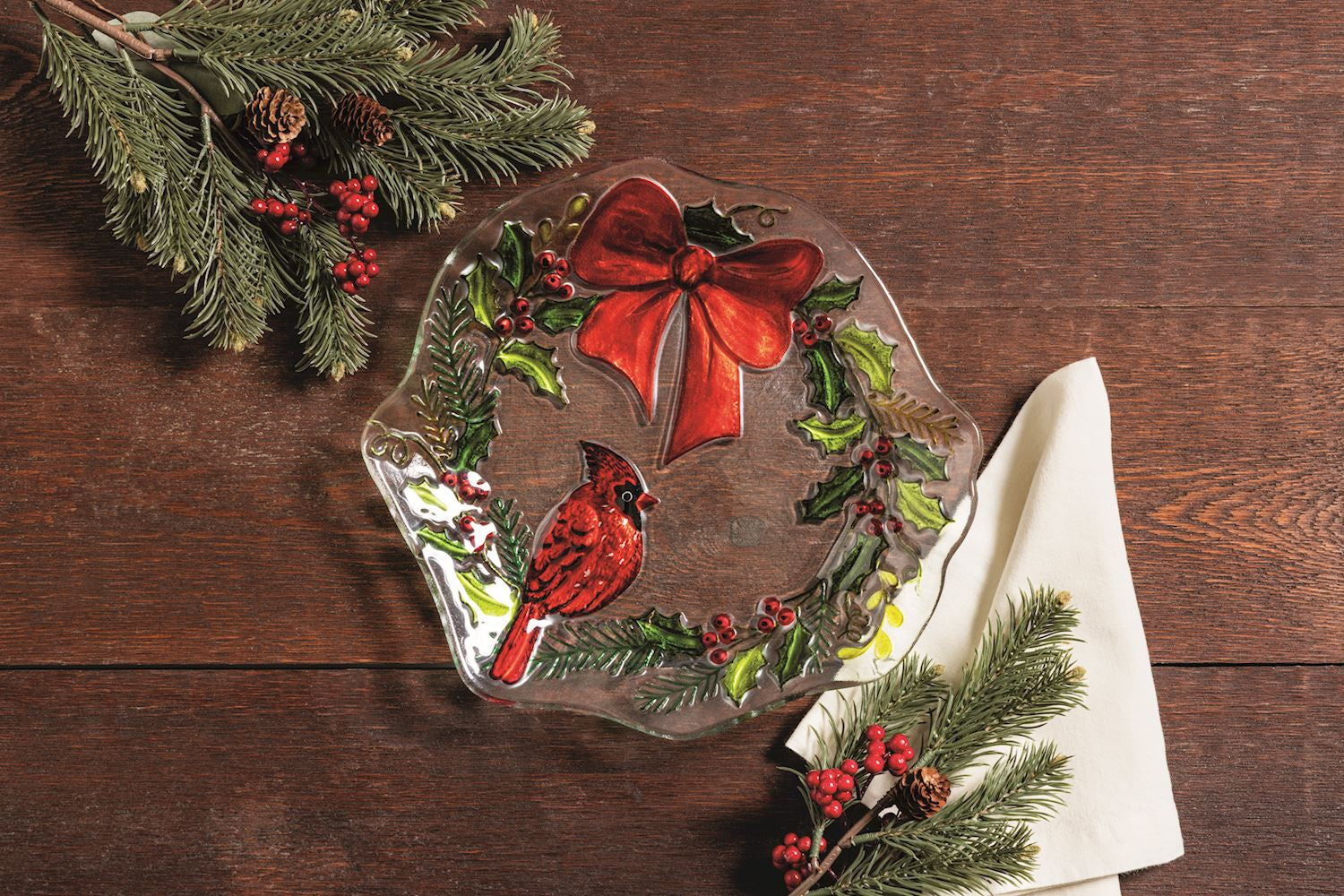 Cardinal & Wreath Fused Glass Christmas Plate