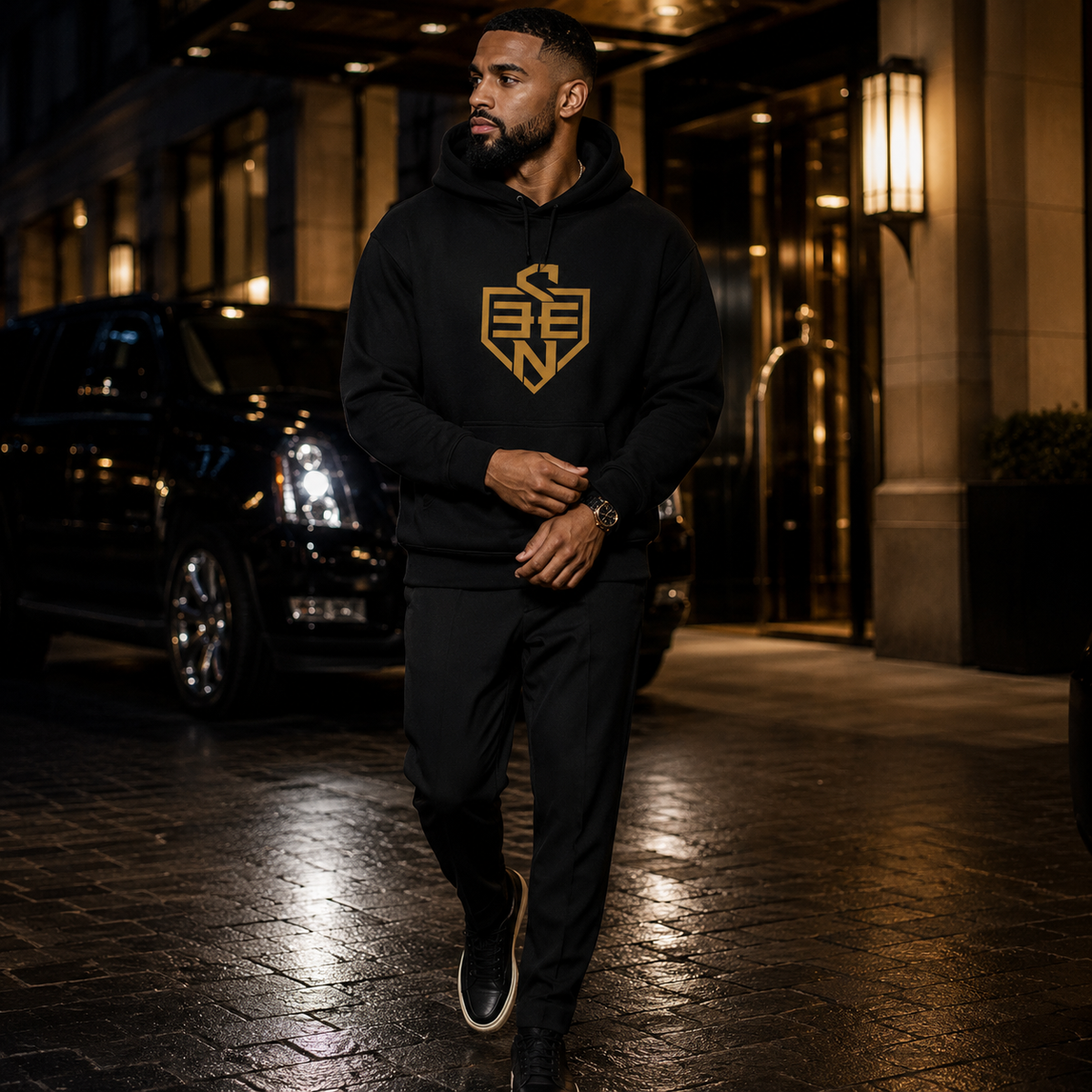 SEEN. Gold Monogram Shield Hoodie