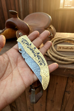 Calligraphy Engraved Brass Folder Knife 10" Handmade Damascus Blade by JW SteelCrafts, product image 4
