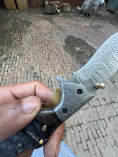 Grithorn Damascus Folder 7" Handmade Horn Handle Lock Back Mechanism by JW SteelCrafts, product image 9