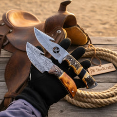 Fielddraw Gut Hook Knife 8" Handmade Damascus Stag Bone Handle by JW SteelCrafts