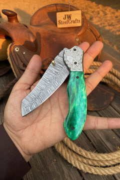 Jadeline Damascus Folder 7" Handmade Turquoise-Green Resin Handle by JW SteelCrafts, product image 4