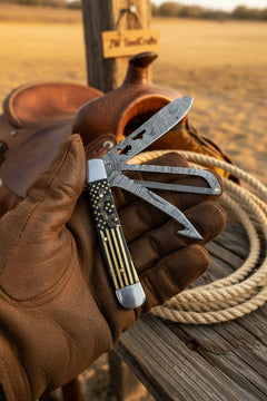 Stars and Stripes Trapper Folding Jack Knife 7" Handmade Damascus with Resin Handle by JW SteelCrafts, product image 4