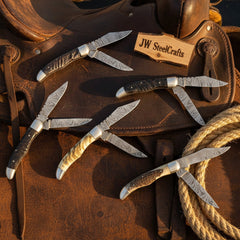 Trailfold Stag Pocket Knife Set 8" Handmade Set of 5 Folding Knives by JW SteelCrafts, product image 4