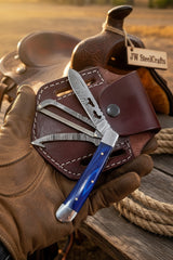 Sapphire Trail Damascus Trapper Folder 7" Handmade Two-Blade With Blue Resin Handle by JW SteelCrafts