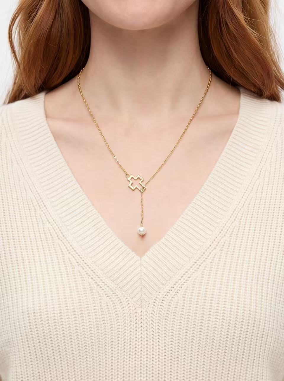 Open Cross Pearl Drop Necklace