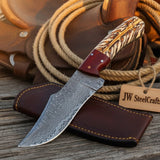 Campfire Drop Point Blade 10" Handmade Damascus Feather Engraved by JW SteelCrafts