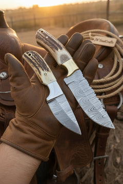 Twin Antler Hunter Knife Set of 2" Handmade Damascus Stag Horn Knife Pair by JW SteelCrafts
