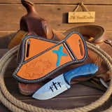 Triple Cross Ranch Knife 6" Handmade Blue Pinecone Handle Engraved by JW SteelCrafts