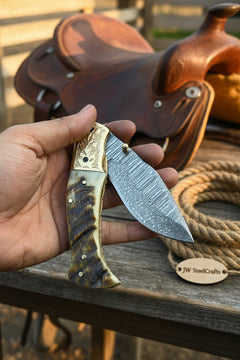 Stagline Damascus Folder 7" Handmade Horn Handle Damascus Bolster by JW SteelCrafts, product image 9